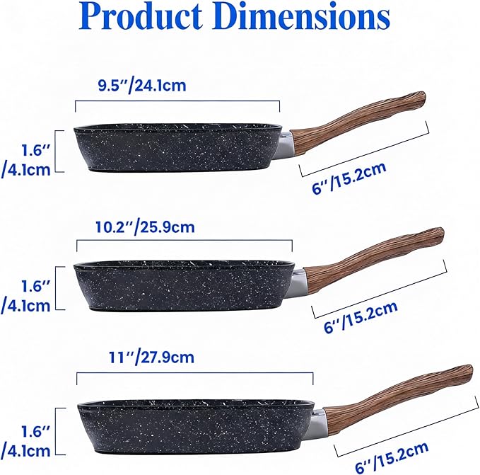 Simple Deluxe 3 Pieces Nonstick Grill Pan Set, Square Versatile Griddle Pans with Wooden Handle, Durable Skillet Indoor & Outdoor Use, All Stovetops Compatible(9.5", 10.2", 11"), PFOA Free, Black