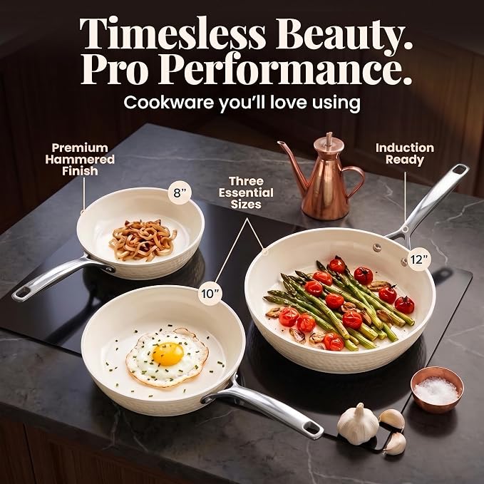 GOTHAM STEEL Hammered 3 Pc Nonstick Frying Pans Set, Navy Gold | 8, 10, 12" Fry Pans, Heavy Duty 3.0MM Gauge, Non Toxic PFOA/PFOS/PTFE Free, Induction Compatible, Oven & Dishwasher Safe