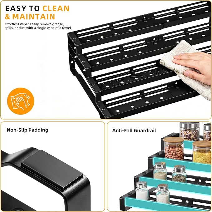 Spice Rack Organizer for Cabinet, 13-21.5" Expandable Spicy Shelf | 11.6" Depth 4-Tier Black Metal Seasoning Organizer, Kitchen Spice Organization, Slip-Resistant Guardrails for Jars and Cans