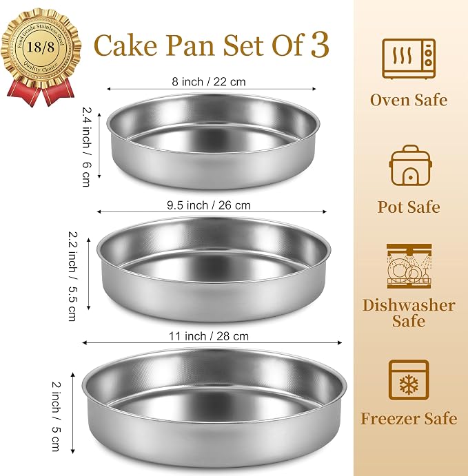Inqibee 8-9.5-11 Inch Round Cake Pan Set, Stainless Steel Textured Bottom | Tri-ply Stainless Steel, Rolled Rim Layer Cake Bakeware, Oven & Dishwasher Safe, Healthy Non-Toxic for Birthday Wedding Cake