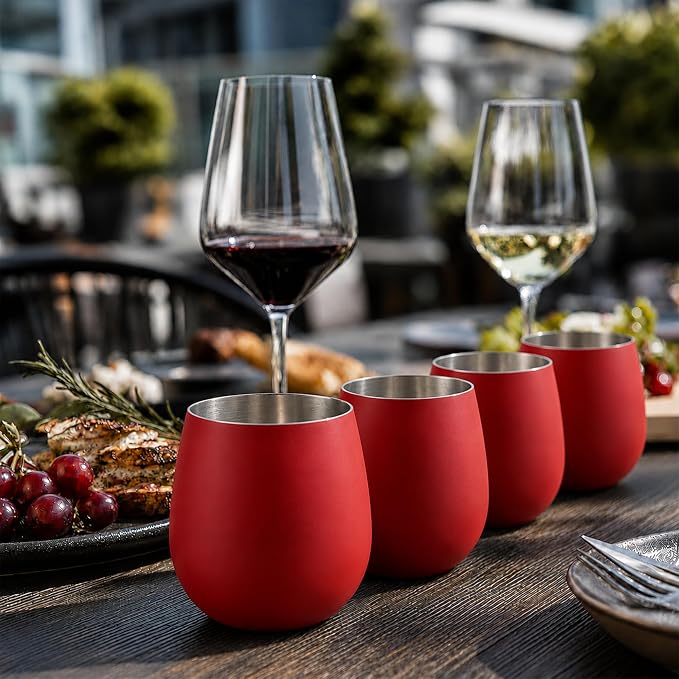 K&K Home Stainless Steel Unbreakable Stemless Wine Glasses - 15 oz - Set of 4 Colored, Stemless Metal Wine Glasses Perfect for Outdoors, Weddings, and Parties (Red)