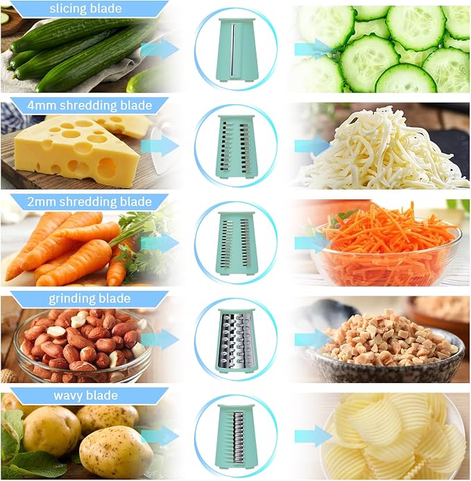 ENERGEVITY Hand Crank Rotary Cheese Grater, 5-in-1 Vegetable Slicer (Green) | Easy to clean.Strong suction base.Internal barrel keeps hands away from blades.BPA-free food-grade ABS plastic.
