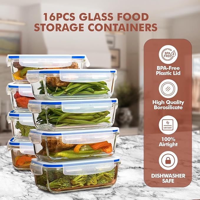 Razab 16 Pc (Set of 8) 30 Oz Glass Meal Prep Containers with Lids, Airtight Large Glass Food Storage Containers, Reusable Leak Proof BPA Free, Freezer to Oven and Dishwasher Safe