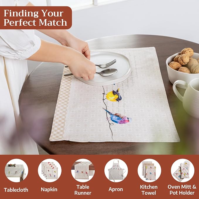 Maison d' Hermine Placemats Set of 4 Reusable 100% Cotton (13"x19") | Cloth Place Mats Washable Table Mats for Kitchen Dining Party Wedding Hotel Home Restaurant Spring Summer - Birdies on Wire