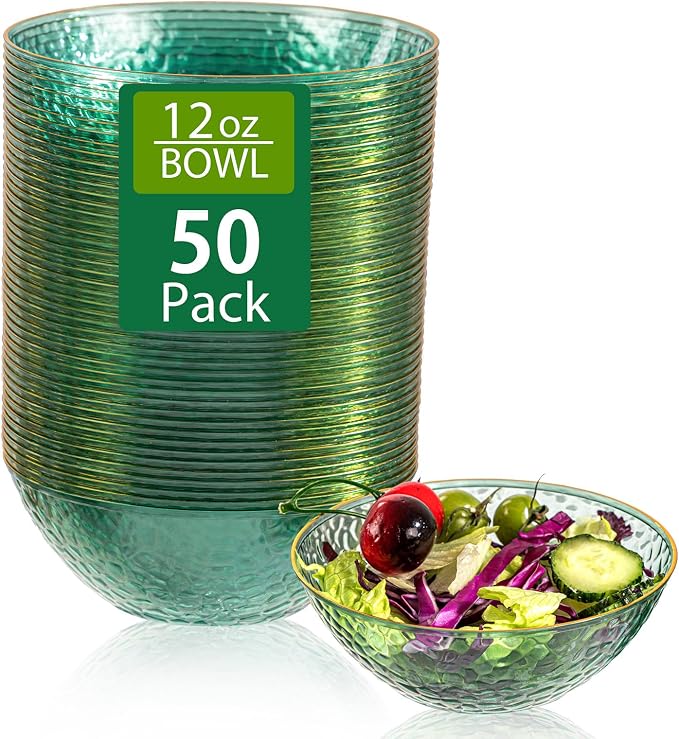 50 Pack 12 Ounce Clear Green Plastic Bowls Serving Bowls Hammered with Gold Rimmed, Heavy Duty Disposable Bowl Set,Small Bowls for Party Picnic