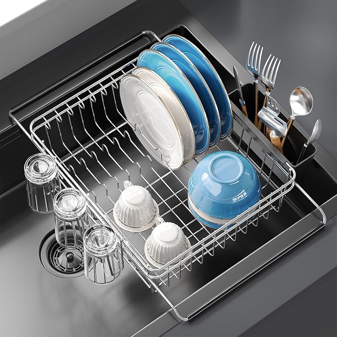 Delamu Over The Sink Dish Drying Rack for Small Kitchen | Expandable Stainless Steel in Sink Dish Drainer, Dish Rack for Kitchen Inside Sink with Utensil Holder, Rustproof, Medium