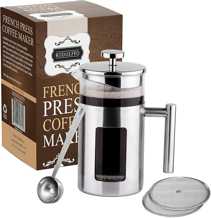 34 Ounce French Press Coffee Maker with Stainless Steel 18/8 frame, 1 Litre Heat Resistant Borosilicate Glass Carafe includes 2 extra French Press Filters and 1 Coffee Spoon