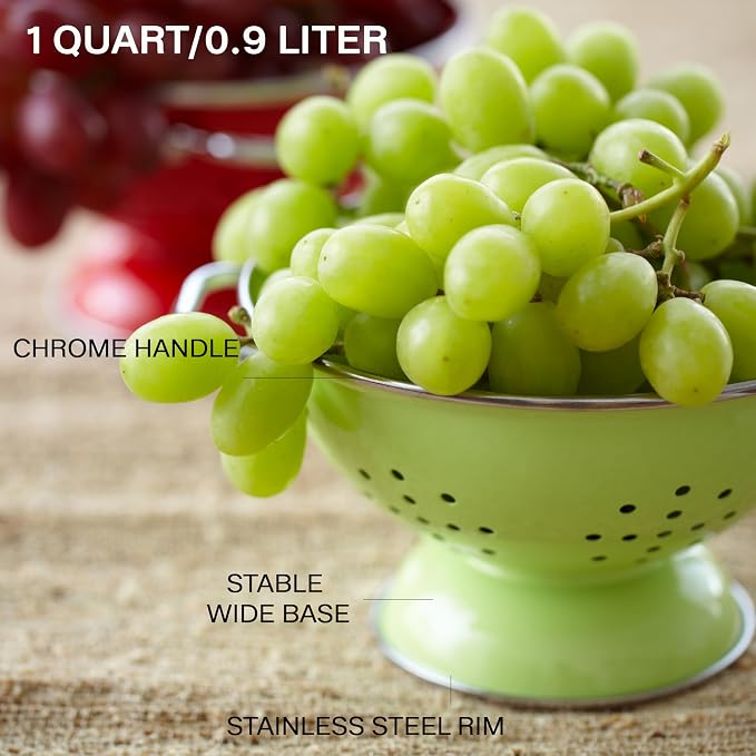 Reston Lloyd, 1 Quart Powder Coated Steel Kitchen Strainer Basket for draining Pasta, Vegetable and Fruit, Chrome Handles and Wide Stable Base, Azure