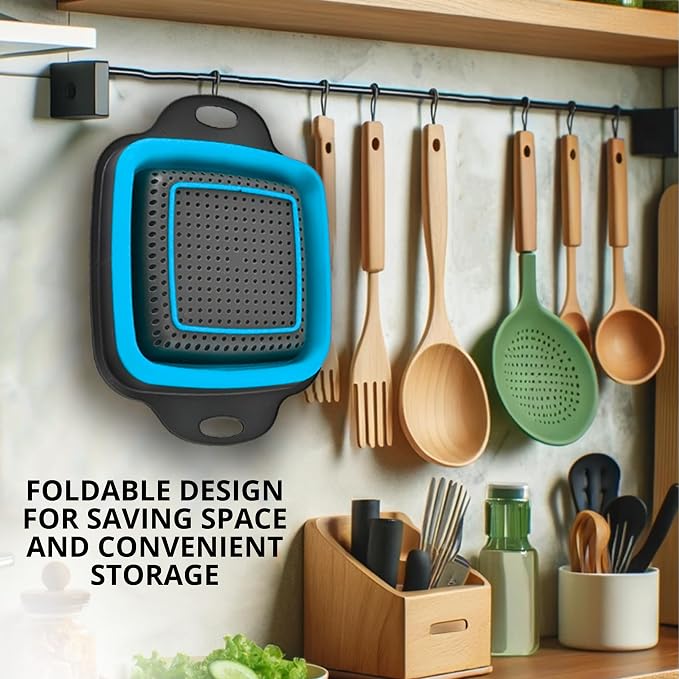 Square Collapsible Colander with Handles – Blue Square Silicone Kitchen Strainers with Plastic Handles Foldable Kitchen Strainer Perfect for Draining Pasta Vegetable and Fruit Blue