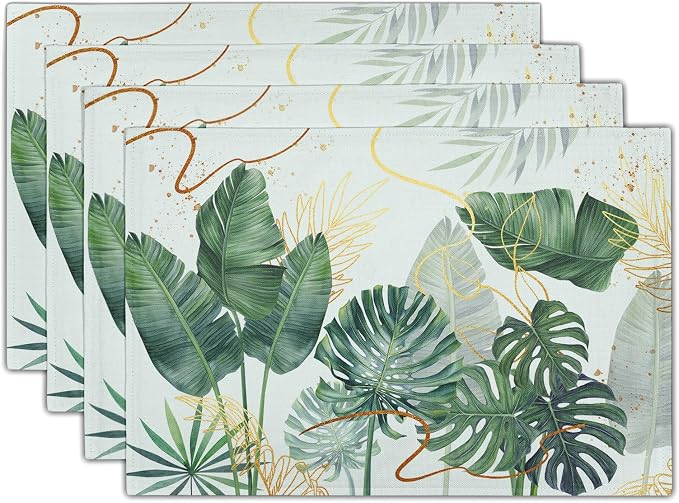Palm Leaves Tropical Placemats Set of 4,12x18 Inch Boho Green Leaf Botanical Decor Seasonal Tablemat Non-Slip Washable Tabletop Mat for Indoor Outdoor Kitchen Dining Table