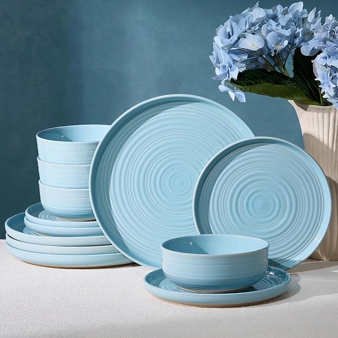 Dinnerware Sets for 4, Ceramic Plates and Bowls, Ice Blue | 12-Piece Ceramic Speckled Spiral Dishes, Chip & Scratch Resistant, Microwave & Dishwasher Safe, Everyday Use, Farmhouse Style