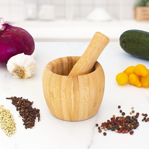 TB Essentials Bamboo Mortar and Pestle Set, 6.75 Ounce Capacity, Perfect for Guacamole, Pesto, Salad Dressing and More