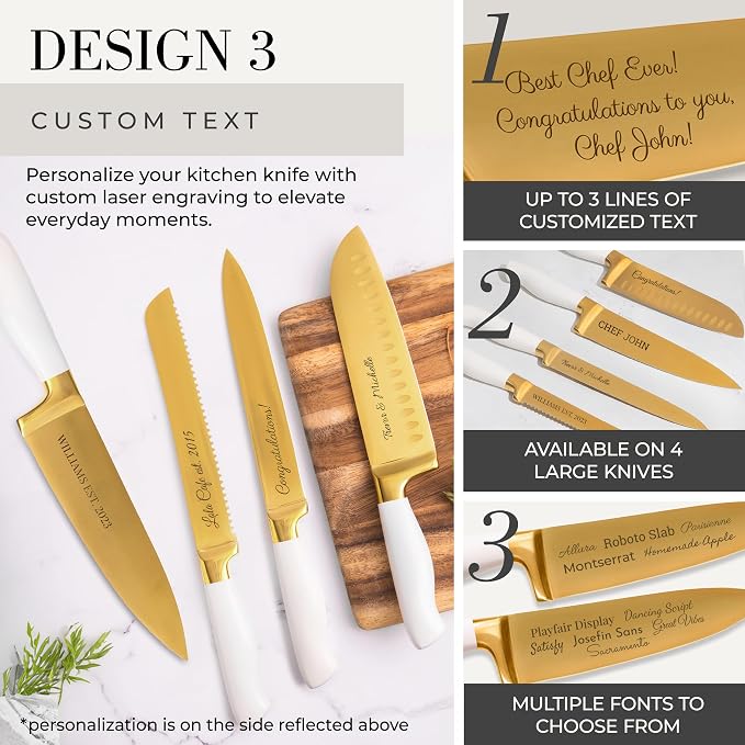 Personalized Gold Knife Set with Self-Sharpening Block – Make It Uniquely Yours with Custom Engraving on Luxurious White and Gold Knives – Personalized Gift for Weddings, Birthdays, Anniversaries