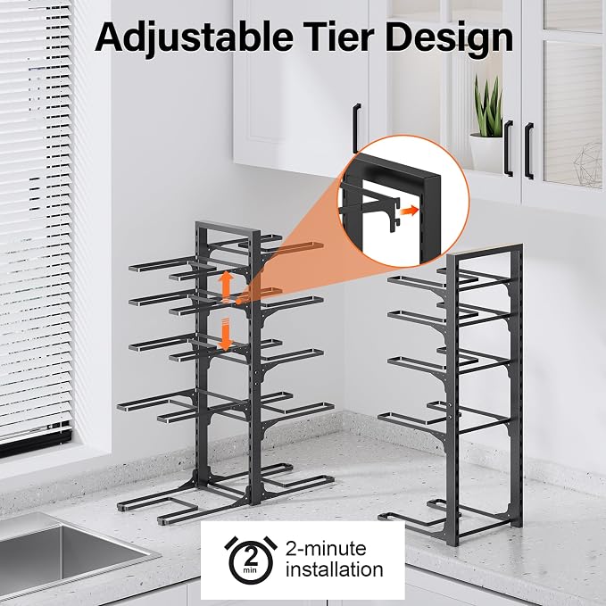 MUDEELA 10-Tier Pots and Pans Organizer under Cabinet, 23.62" H Heavy Duty | Adjustable Pot Rack for Frying Pan, Cast Iron Skillet, Tool-Free Assembly, For Kitchen Cabinets, Shelves and Countertops