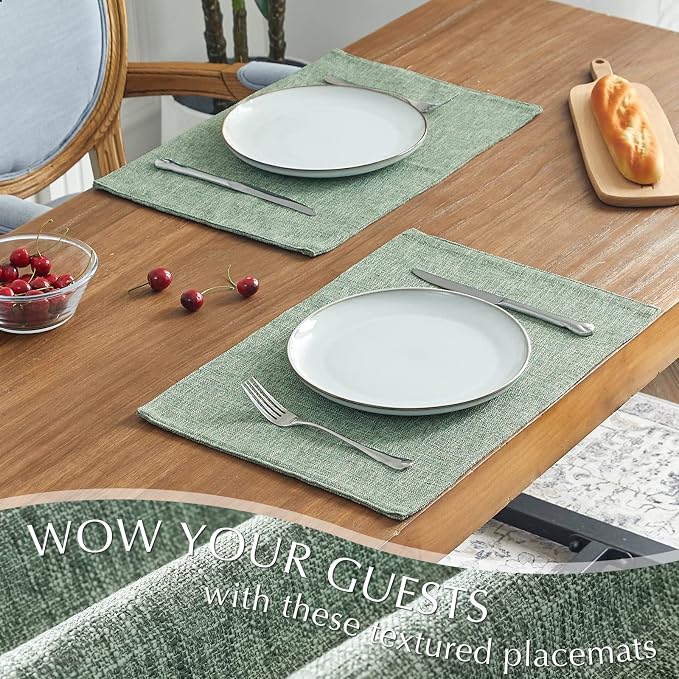 JINCHAN Linen Textured Placemats Set of 4 Farmhouse 13x19 Heathered Green | Fabric Placemats, Cottage Style, Double-Layer One-Piece Design, Reversible Solid Color, Machine Washable, Reusable