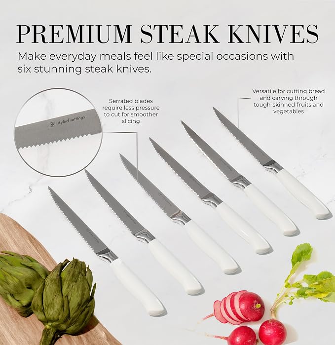 Styled Settings White Knife Set with Block and Sharpener, 14-Piece | High Carbon Stainless Steel Knives with Ashwood Block and Built-In Sharpener - Durable White Kitchen Accessories for Cooking