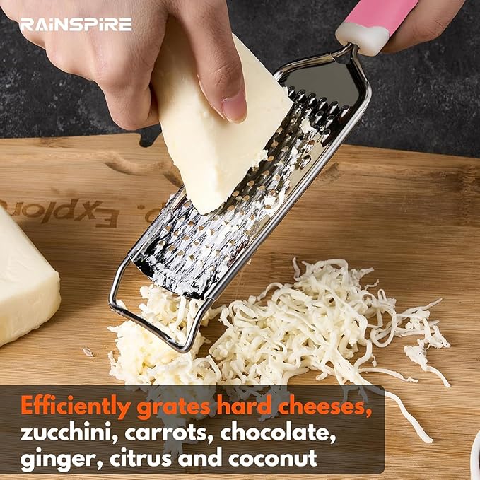 Professional Cheese Graters for Kitchen Stainless Steel Handheld, Metal Lemon Zester Grater With Handle For Cheese, Chocolate, Spices, Kitchen Gadgets And Tools, Soft Grip Handle, Pink