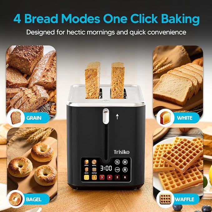Smart Touch Screen 2 Slice Toaster, Wide Slot,Black | 900W digital toaster with 6 shade levels, bagel, defrost, reheat, cancel, crumb tray, and cord wrap for small kitchens