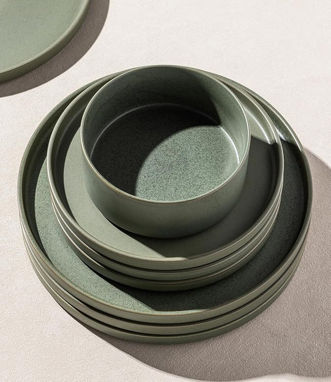 LERATIO Stoneware Dinnerware Sets for 4,12-Piece Matte Plates and Bowls Set | Handmade High Edge Rim Dish Set,Oven & Microwave,Dishwasher Safe,Scratch Resistant-Green