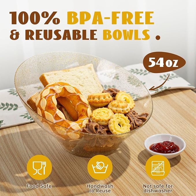 16PCS Gold Plastic Serving Bowls - 54 OZ Angled Table Salad and Fruit Bowls Disposable for Chip & Candy - Ideal for Party & New Year