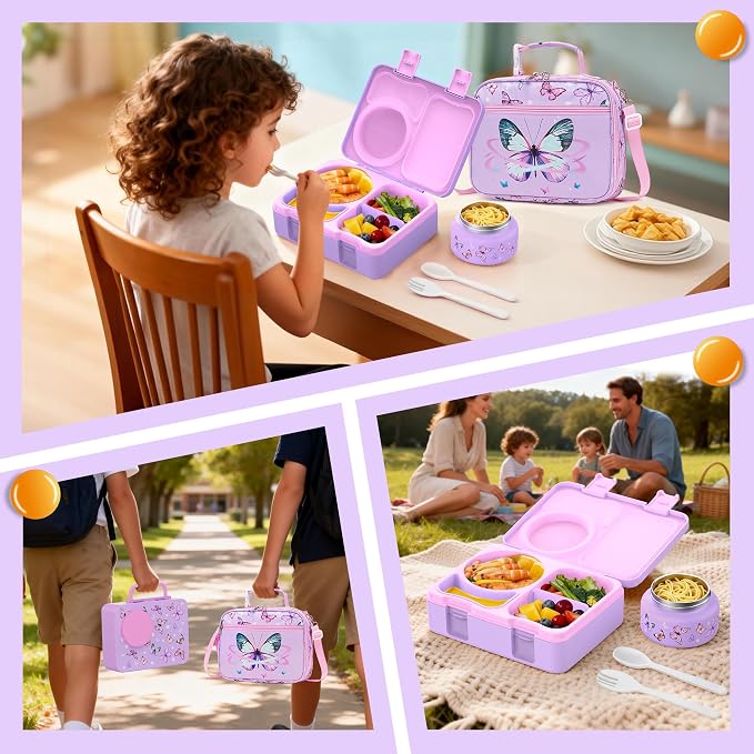 Bento Box for Kids, Leakproof Kids Lunch Box with 8.5OZ Thermo Food Jar & Lunch Bag, 3-4 Compartments Toddler Insulated Lunch Box for Girls, BPA Free Lunch Containers for School Daycare