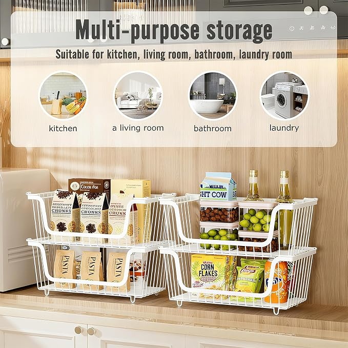 6 Pcs Stackable Wire Baskets for Pantry Organizers and Storage, | Vegetable Fruit Basket for Countertop,Kitchen Storage Metal Baskets,Produce Potato Onion Storage Bin,White