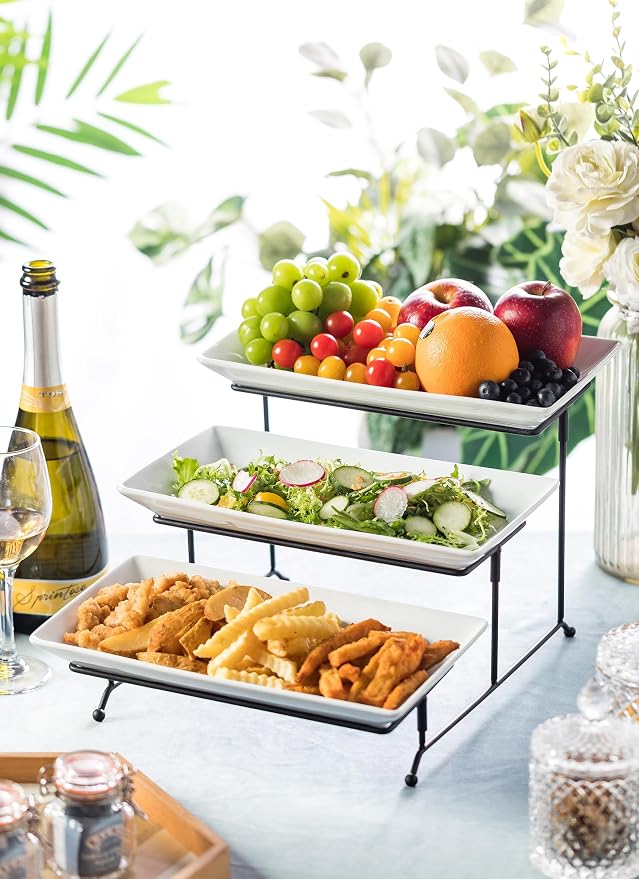 LYEOBOH 3 Tier Serving Tray, Tiered Serving Tray, Platters for Food Display | Tiered Serving Stand and Platters Set, 12 Inches Tier Serving Platter for Party, Dessert, and Cupcake, with Collapsible Rack