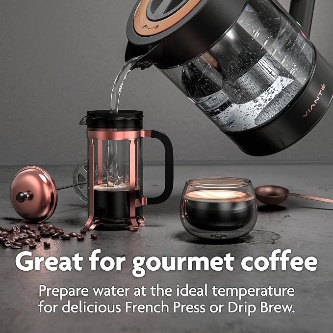 Viante Alba Electric Tea Kettle With Infuser, No Plastic, 1.5L, Black | Borosilicate glass & 304 stainless steel construction. 4 temp presets, keep-warm, cordless, auto shut-off