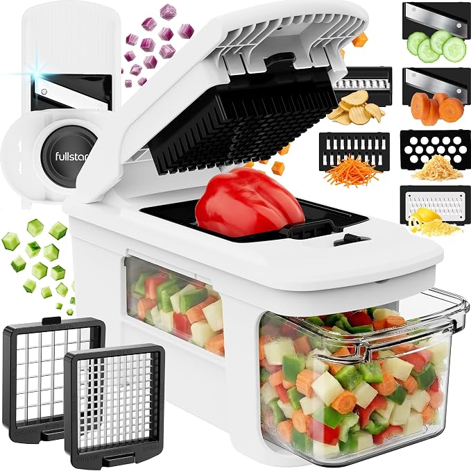 Fullstar Pro XL Vegetable Chopper & Mandoline Slicer w Pull-Out Catch Tray | 8 in 1 Veggie, Onion & Fruit Slicer, Dicer & Grater with Sharp Stainless Steel Blades - XL Food Prep Set (White)