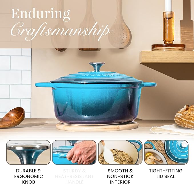 Nuovva Enamelled Cast Iron Dutch Oven Pot with Lid 6.4 Quart Non Stick Casserole Pot-Heavy Duty & Oven Safe up to 500° F for Bread Baking, Braising, Stews, Roasting - 28cm Light Blue