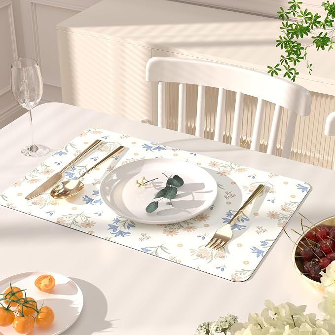 QIYI PU Leather Placemats Set of 6, 12"x18" Waterproof Table Mats, Floral | Faux Leather, Heat Resistant, Anti Slip, Wipeable Place Mats for Kitchen Dinning, Party Table Décor, Minimal Flowers