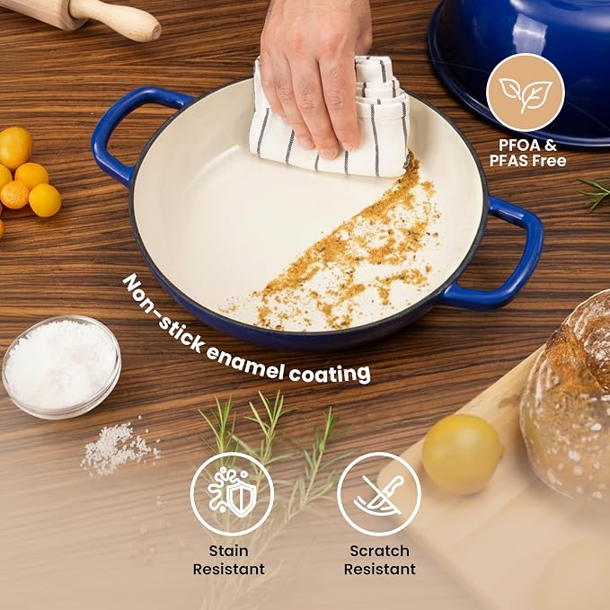 Enamelled Cast Iron Dutch Oven Pot – Dutch Oven For Sourdough Bread Baking – Cast Iron Bread Pot – Dark Blue, 6 Quarts, 26cm – by Nuovva