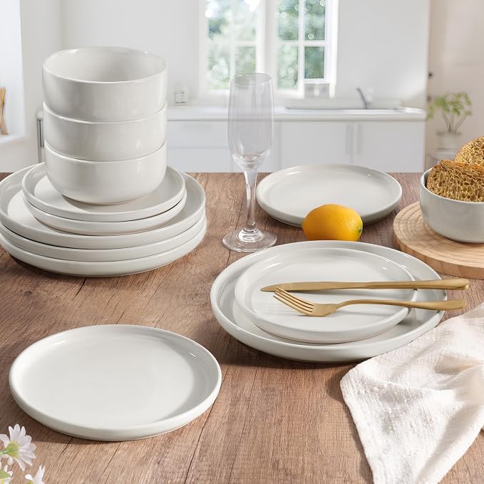 HaWare Dinnerware Sets, 12-Piece Plates and Bowls Set for 4, Milky White
