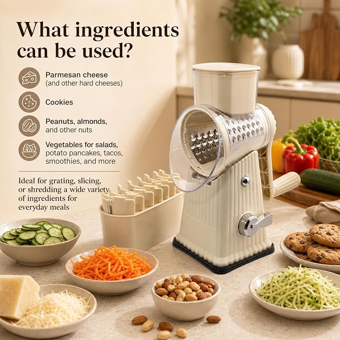 JA&MIU Rotary Cheese Grater with Handle, 5 Well-designed Blades | Strong Suction Base, Round Mandoline Slicer with Blade Storage Box & Kitchen Mandoline Vegetable Slicer (Off-white)