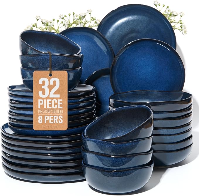 32 Piece Starry Blue Dinnerware Set with Pasta Bowls, Coastal Reactive Glaze Stoneware for 8 | Complete Serving Set for Holiday Meals, Multi‑Dish Hosting & Family Celebrations