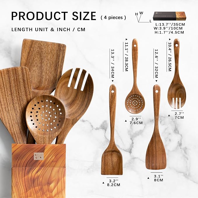 Wooden Spoons for Cooking, 4-Piece Acacia Wood Cooking Utensil Set | Spoons and spatulas stir, mix, flip and serve; balanced handles offer control while staying gentle on nonstick cookware.