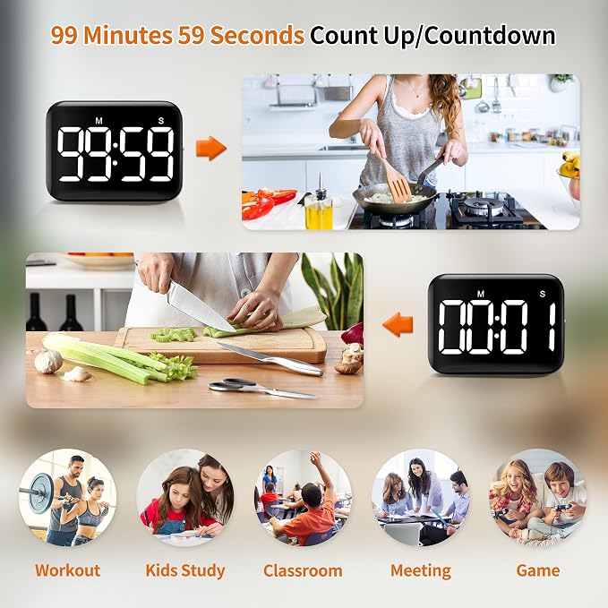 Magnetic Kitchen Timer for Cooking with Count Up Countdown, Digital Timer Battery Powered with Large Display, 2 Brightness and Volume Levels for Classroom, Teacher, Kids (Dark Black)
