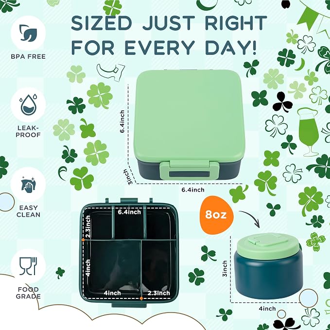 Bento Lunch Box for Kids with 8oz Thermo Containers for School,Camping | Vacuum Insulated Food Jar,Leakproof Silicone-Seal,5 Compartments with Dividers,Dishwasher & Refrigerator Safe,BPA-Free