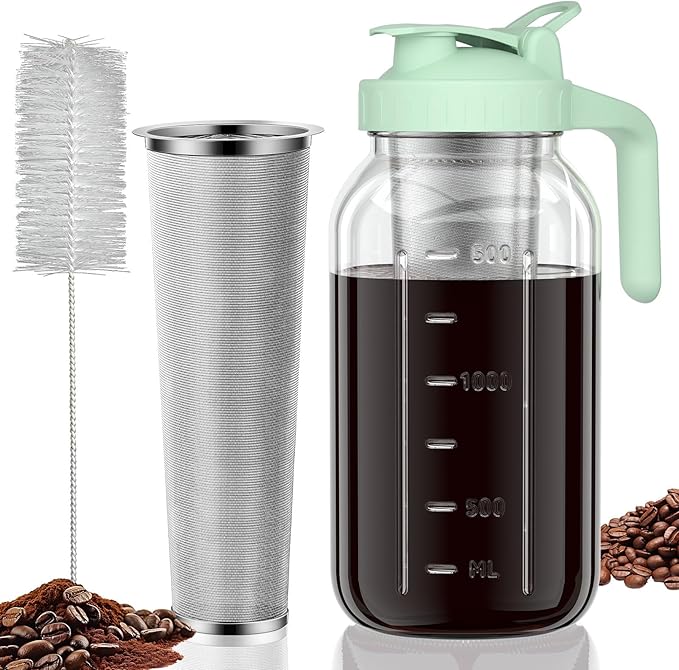 Cold Brew Coffee Maker, 64 oz Glass Mason Jar Pitcher | 100μm stainless steel filter, wide mouth design, leak-proof lid with handle, pour spout for iced coffee, tea and cold drinks