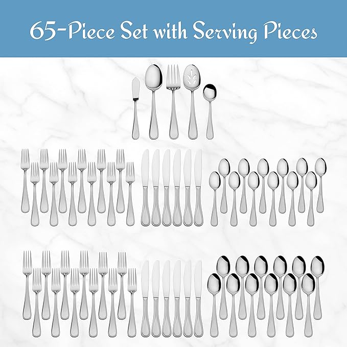 Mikasa Bravo 65-Piece Flatware Set, Service for 12, 18/10 Stainless Steel Silverware with Mirror Finish, Includes 5 Serving Utensils, Dishwasher Safe (Pack of 2)