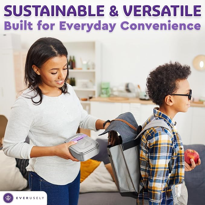 Stainless Steel Bento Box + Condiment Container - Lavender, 47oz / 1.4 L | Everusely large metal lunch box, leakproof sauce container, 3 compartment snack organizer, freezer & dishwasher safe