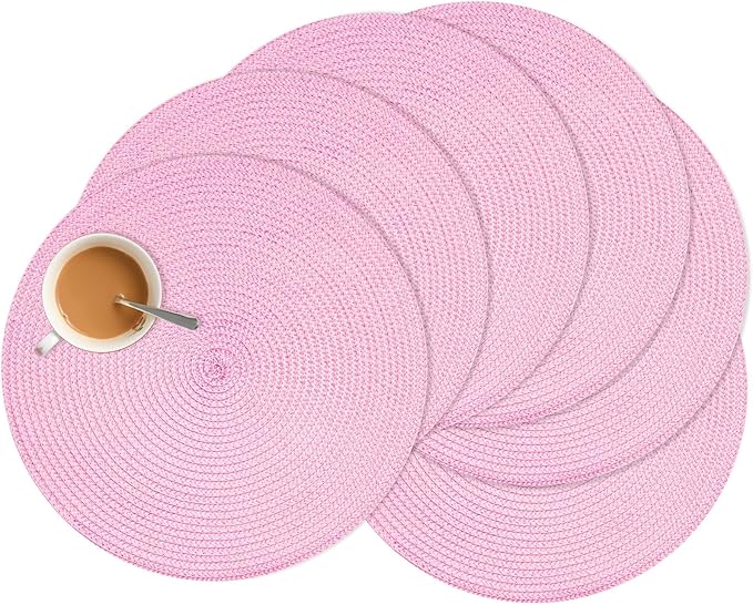 Zupro Round Pink Placemats Set of 6 Braided Non-Slip15 Indoor/Outdoor Use | Heat Resistant Washable,for Kitchen Dining Tables Four Seasons Dinner Parties Thanksgiving Christmas and Everyday Use.