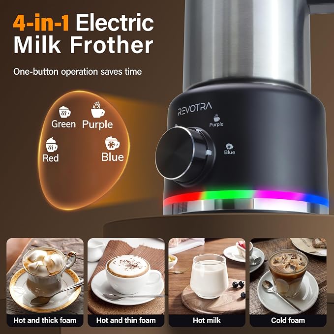4 in 1 Milk Frother and Steamer, 500ml Stainless Steel Electric Foam Maker | Dial Control & LED Indicator, Hot & Cold Milk Frother, Non-Stick, Silent, Dishwasher Safe, Latte, Macchiato, Hot Chocolate