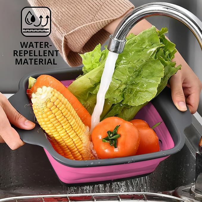 Pink Silicone Food Colander Kitchen – Small Collapsible Strainer with Handle Collapsable Strainer Kitchen Foldable Colander for Pasta Spaghetti Fruit Vegetable