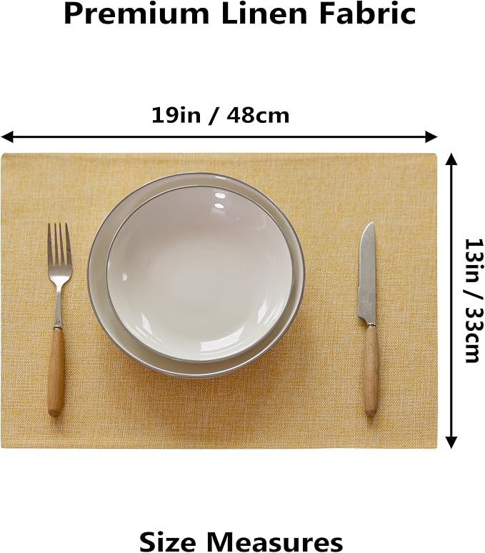 Demetex Yellow Placemats Set of 8 Linen Fabric Placemat Heat Resistant Washable Place Mats for Kitchen Party Dinner, 13x19 inch, Yellow
