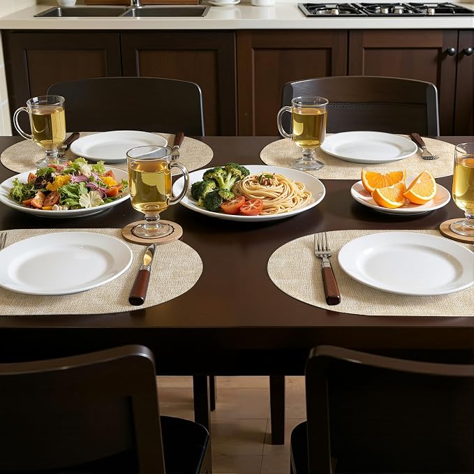 Placemats Set of 6, 11.8 x 17 Inch, Beige | Heat Resistant Oval Faux Leather Place Mats, Waterproof Wipeable Reversible PU Placemat, Indoor & Outdoor
