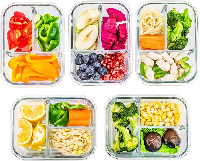 [5-Pack,36 Oz] Glass Meal Prep Containers 3 Compartments with Locking Lids | Divided Glass Portion Control Food Storage Containers with Lids, Glass Lunch Box with Dividers