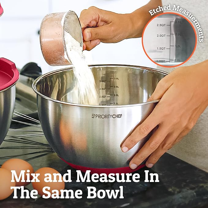 Premium Mixing Bowls With Airtight Lids Set, Thicker Stainless Steel Mixing Bowl Set, Large Prep Metal Bowls with Lids, Nesting Bowls for Kitchen, 1.5/2/3/4/5 Qrt, Red