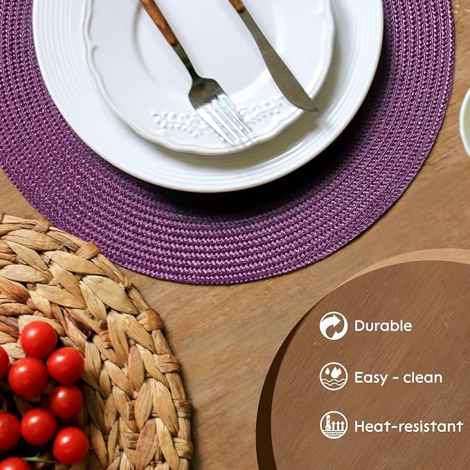 FunWheat Round Braided Placemats Set of 4 Table Mats for Dining Tables Woven Washable Non-Slip Place mats 15 inch(Purple,4pcs)