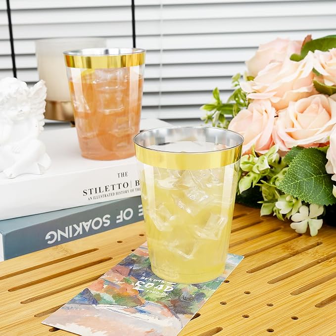 I00000 60PCS Gold Plastic Cups, 10 oz Clear Disposable Cups with Golden Trim, Heavy-Duty Disposable Hard Plastic Wine Glasses Cocktail Glasses Perfect for Wedding & Party